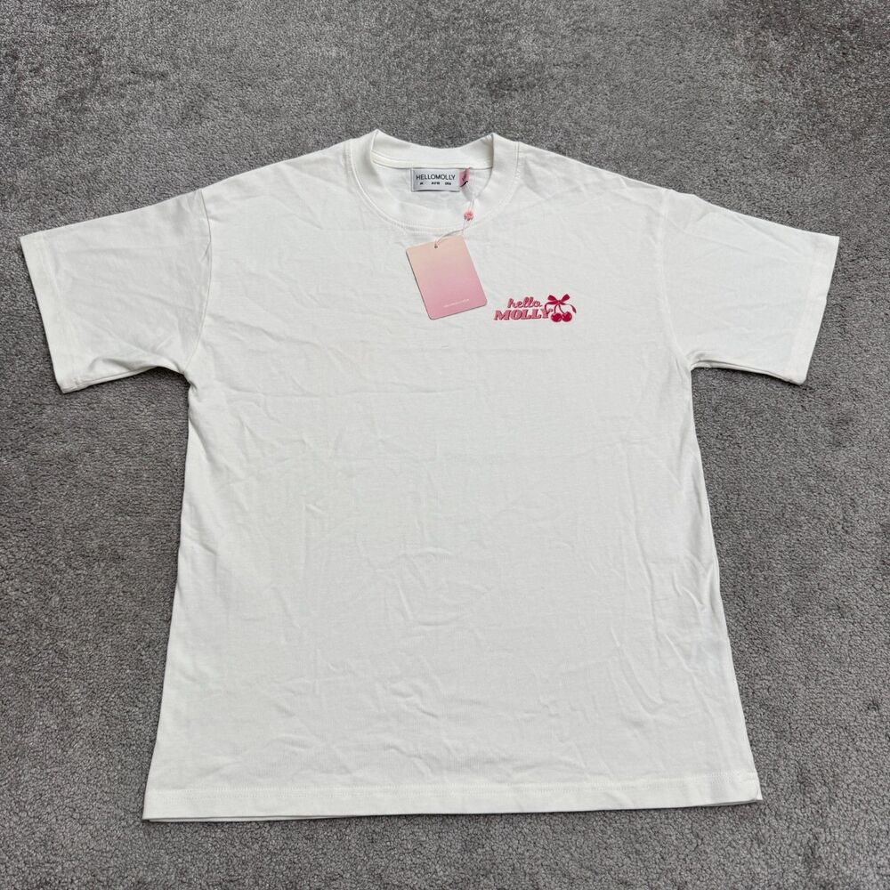 Hello Molly Cherry Graphic Logo Short Sleeve T‑Shirt Women Medium US6 White NWT